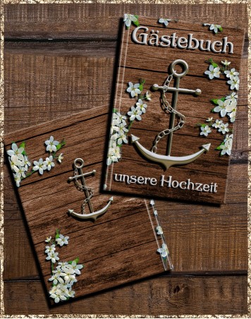 Gästebuch Hochzeit - Holzoptik mit Anker & Kirschblüten